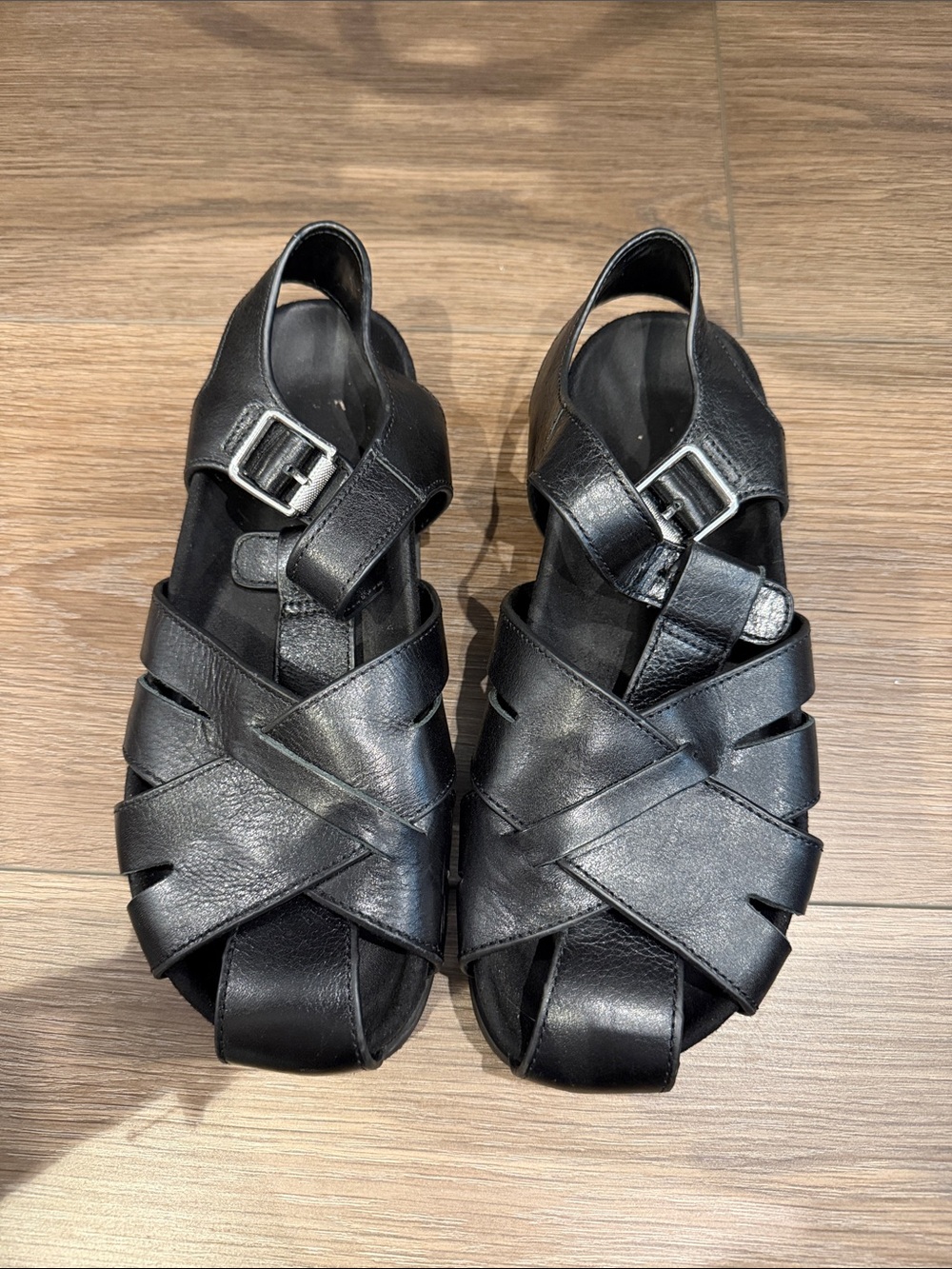 Zara Black Leather Strappy Fisherman Flats